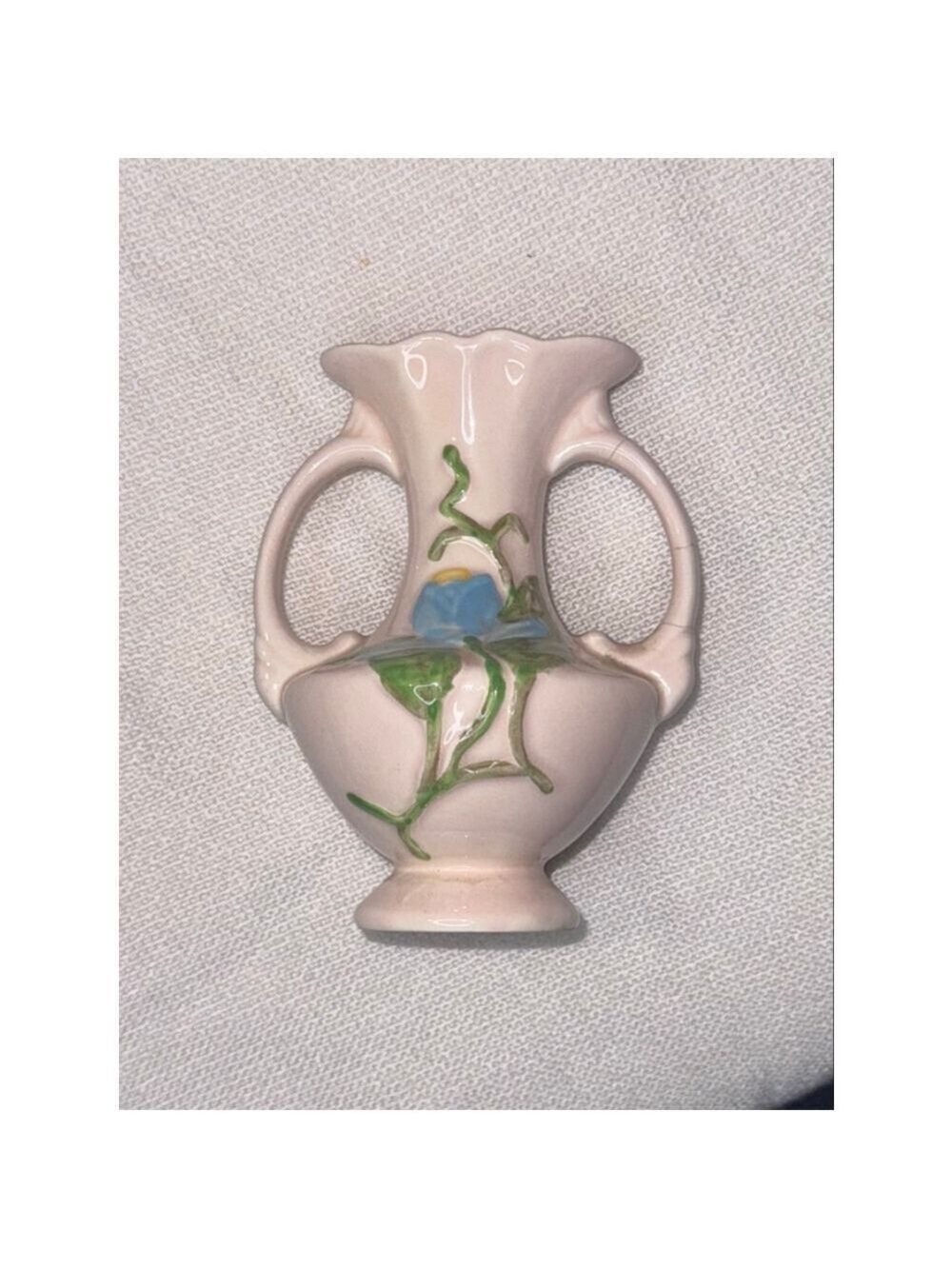 Vibtage Hull Art pottery vase 2 handle shiny blue green pink 6"